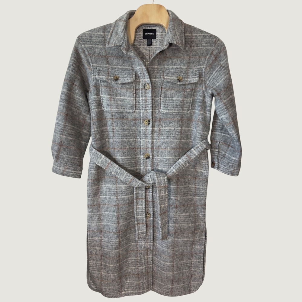 3190 | NWT Express Wool Blend Longline Shacket Coat Plaid Belted Women L $298